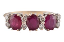 HALLMARKED 9CT GOLD RUBY & DIAMOND THREE STONE RING