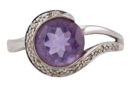 HALLMARKED 9CT GOLD AMETHYST & DIAMOND CROSSOVER RING