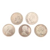 FIVE 20TH CENTURY CANADIAN SILVER DOLLARS