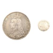 1891 QUEEN VICTORIA SILVER CROWN & 1890 THREE PENCE