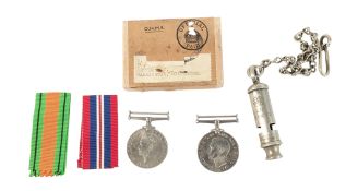 WWII SECOND WORLD WAR MEDAL PAIR & RAF WHISTLE