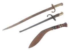 TWO FRENCH RELIC BAYONETS & NEPALESE KUKRI KNIFE