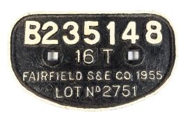 RAILWAYANA - TYPE D WAGON PLATE FAIRFIELD S & E CO 1955