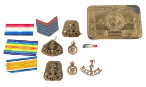 COLLECTION OF WWI MILITARY BADGES & PRINCESS MARY TIN