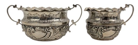 VICTORIAN HALLMARKED SILVER REPOUSSE SUGAR BOWL & CREAMER JUG