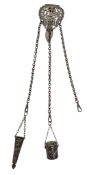 A VICTORIAN SILVER PLATED CHATELAINE WITH HALLMARKED SILVER THIMBLES CASE & THIMBLE