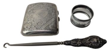 GEORGE V HALLMARKED SILVER CIGARETTE CASE & A SILVER NAPKIN RING