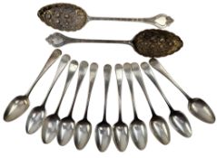 SET OF ELEVEN GEORGE III HALLMARKED SILVER TEASPOONS & A PAIR OF BERRY SPOONS