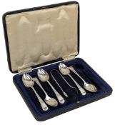 CASED SET OF GEORGE V HALLMARKED SILVER TEASPOONS & SUGAR TONGS