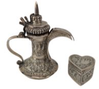 20TH CENTURY PERSIAN SILVER MINIATURE DALLAH COFFEE POT & A SILVER BOX