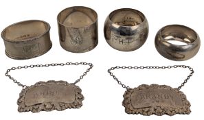 COLLECTION 19TH/20TH HALLMARKED SILVER NAPKIN RINGS & DECANTER LABELS