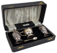 CASED ELIZABETH II HALLMARKED SILVER THREE PIECE CRUET SET