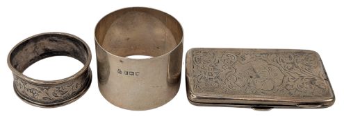 EDWARD VII HALLMARKED SILVER CARD CASE & TWO HALLMARKED SILVER NAPKIN RINGS
