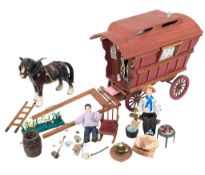 VINTAGE TOYS - ROMANY GYPSY CARAVAN AND CERAMIC HORSE