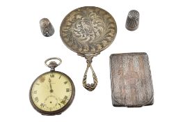 COLLECTION OF SILVER ITEMS - CARD CASE, MIRROR, THIMBLES & POCKET WATCH