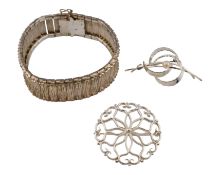 WEST GERMAN 1970S SILVER BRACELET & TWO SILVER BROOCHES