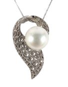 HALLMARKED 9CT GOLD, CULTURED PEARL AND DIAMOND PENDANT