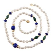 CHINESE 14CT GOLD PEARL & LAPIS LAZULI MALACHITE NECKLACE