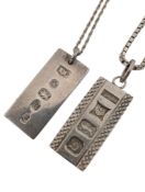 TWO HALLMARKED SILVER INGOT PENDANT NECKLACES