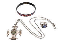 1970S CAITHNESS SILVER NECKLACE & RING WITH MICHAELA FREY ENAMEL BANGLE