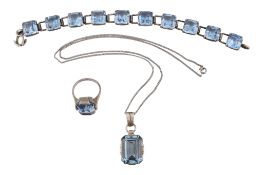 CONTINENTAL ART DECO SILVER & SYNTHETIC SPINEL NECKLACE, BRACELET RING