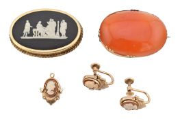 JASPERWARE, CARNELIAN BROOCH PINS & CARVED CAMEO EARRINGS & PENDANT