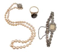 9CT GOLD SMOKY QUARTZ RING, SIMULATED PEARL NECKLACE & AVIA WRISTWATCH