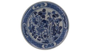 19TH CENTURY CHINESE BLUE & WHITE PLATE / CHARGER DECORATED W/ BIRD & PEONIES