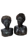 A PAIR OF 20TH CENTURY VINTAGE AUSTRALIAN MOTHER OF PEARL INLAID HARDWOOD BUSTS