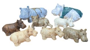 JOHN BOURDEAUX POTTERY - EIGHT CONTEMPORARY CERAMIC HIPPO SCULPTURES