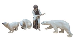 THREE ROYAL COPENHAGEN PORCELAIN POLAR BEAR FIGURINES & LUTE PLAYER