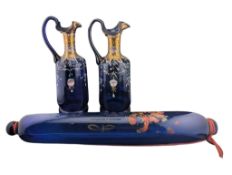PAIR OF 19TH CENTURY BOHEMIAN BLUE GLASS EWER JUGS & GLASS ROLLING PIN