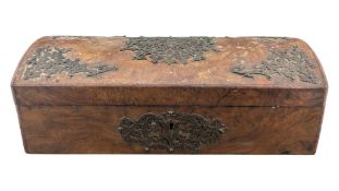 20TH CENTURY VINTAGE BURR WALNUT LIDDED BOX W/ PIERCED GOTHIC METAL MOUNTS