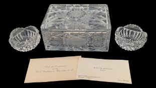 20TH CENTURY VINTAGE CRYSTAL CUT GLASS DRESSING TABLE LIDDED BOX W/ TWO CANDLE HOLDERS
