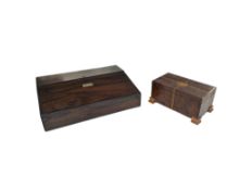 19TH CENTURY ROSEWOOD WRITING SLOPE & LATER TEA CADDY