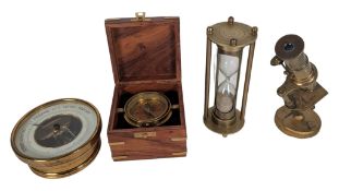 BRASS BULKHEAD BAROMETER, MICROSCOPE COMPASS & TIMER