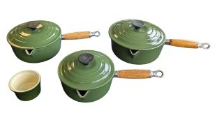 COLLECTION OF LATE 20TH CENTURY GREEN LE CREUSET SAUCEPANS & POT