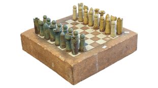 VINTAGE MID 20TH CENTURY CIRCA 1960S BESPOKE CHESS BOARD WITH CERAMIC PIECES