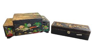 20TH CENTURY JAPANESE LACQUERED PEN BOX W/ INLAID PAINTED JEWELLERY BOX