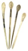 FOUR SOUTH AFRICA ZULU CARVED BONE SNUFF HAIRPIN SPOONS