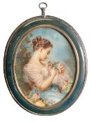 ROMANTIC 19TH CENTURY IVORY ON WATERCOLOUR MINIATURE PORTRAIT OF LADY