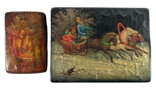 TWO RUSSIAN FEDOSKINO LATE 20TH CENTURY LACQUERED LIDDED BOXES (A/F)