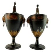 PAIR OF 19TH CENTURY PAINTED PEWTER TOLE CHESTNUT URNS WITH COVERS