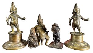 FIVE 19TH CENTURY BRONZE, BRASS & IRON FIGURAL BAR LIGHTERS & INKWELLS