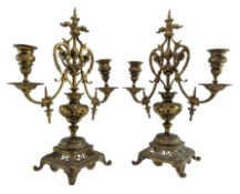 PAIR OF VICTORIAN 19TH CENTURY BRASS TWIN ARM SCROLLED CANDLEABRAS