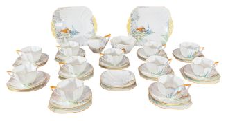 ART DECO 1930S SHELLEY PORCELAIN PART TEA SERVICE WITH COTTAGE AND LANDSCAPE