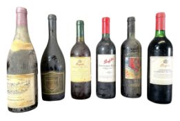 SIX VINTAGE AUSTRALIAN & FRENCH WINE BOTTLES, TO INCLUDE PENFOLDS