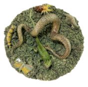 JOSE ALVES CUNHA - PORTUGUESE PALISSY MAJOLICA POTTERY PLATE WITH SNAKE & FRONG