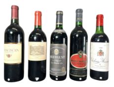 FIVE VINTAGE LEBANESE, SOUTH AFRICA, CALIFORNIA & AUSTRALIAN RED WINE BOTTLES