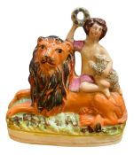 MID 19TH CENTURY STAFFORDSHIRE GROUP FIGURE OF LION, CHERUB AND LAMB